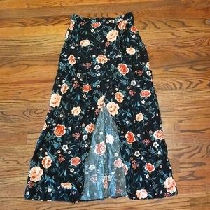 Forever 21 Black Maxi Skirt with Peach and Green Floral Print